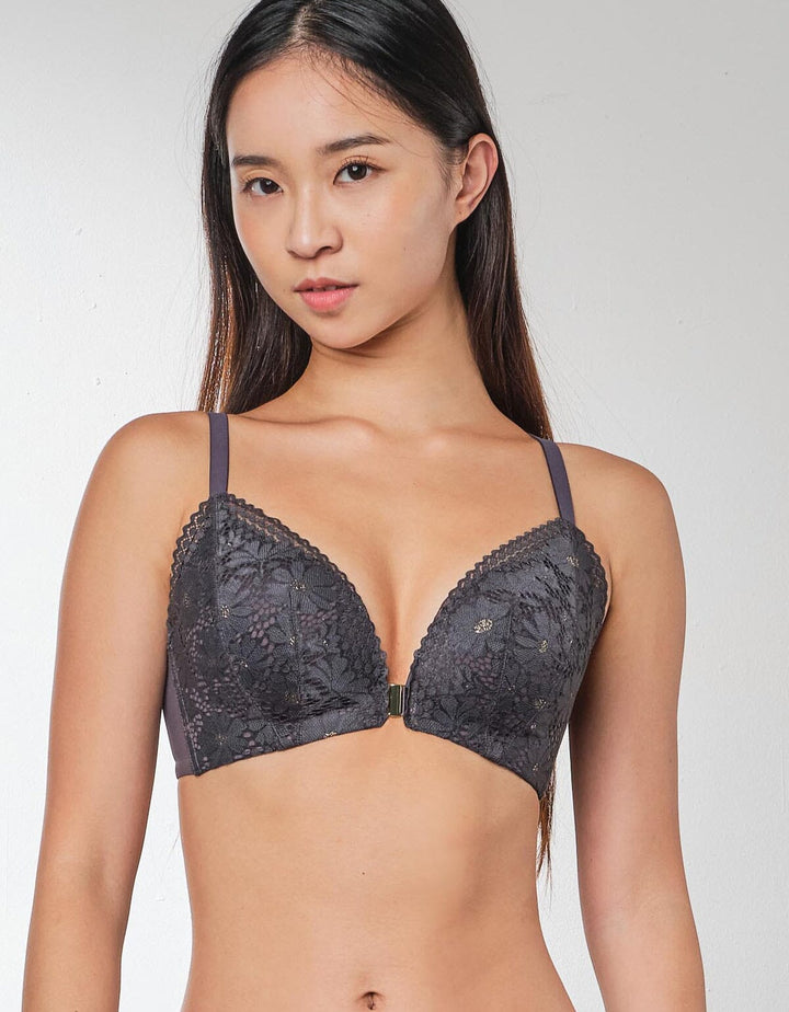 STYLIST Soft Touch Front Closure Convertible Straps Light Push Up Non Wired Lace Bra Bra Her own words Magnet Grey 65B 